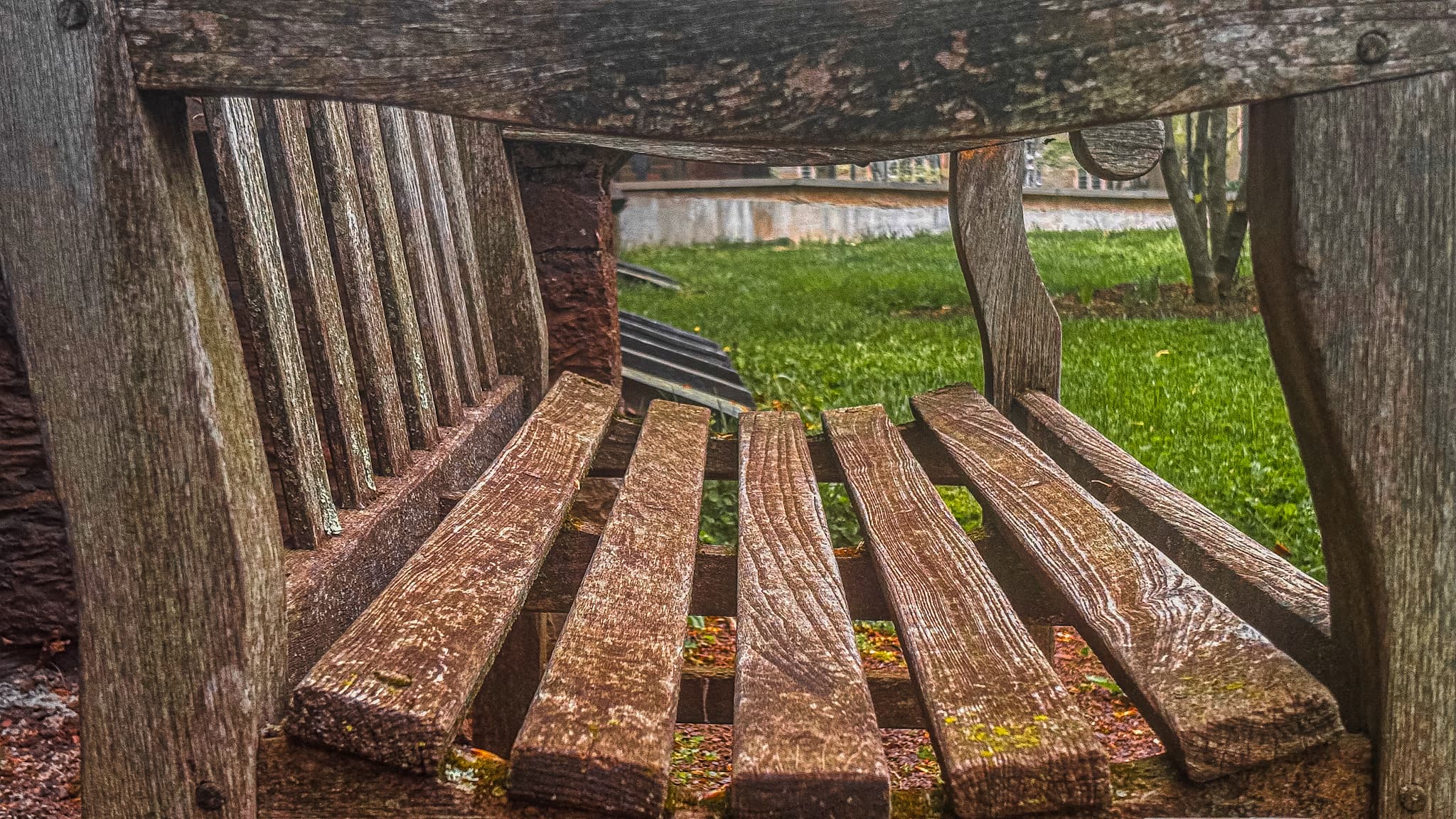 Weathered wooden bench photographed from underneath with green grass beyond it